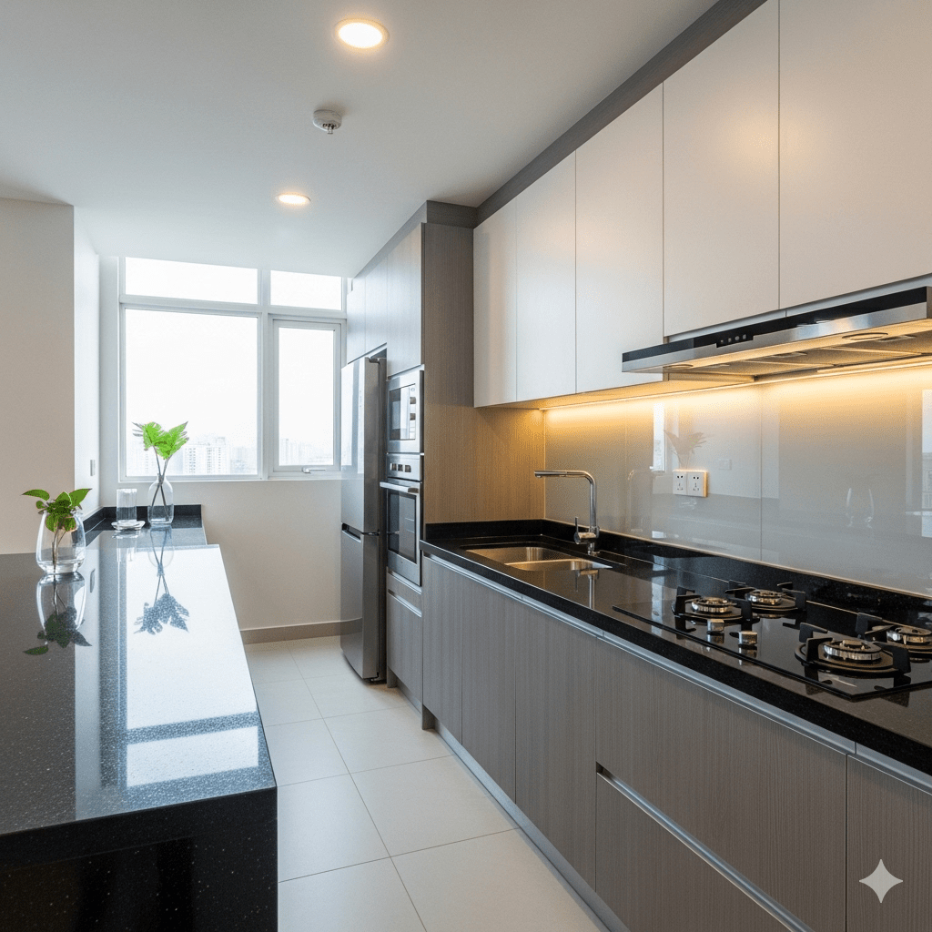 Khám Phá Danh Sách Nội Thất Bàn Giao Happy One Mori | Chuẩn Mực Sống Sang 2 Tiêu chuẩn bàn giao khu vực bếp căn hộ Happy One Mori.
